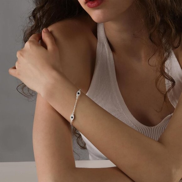 Sterling Silver SL-Evil Eye Link Chain Ring Bracelet Cubic Hand Chain for Women - Picture 4 of 8